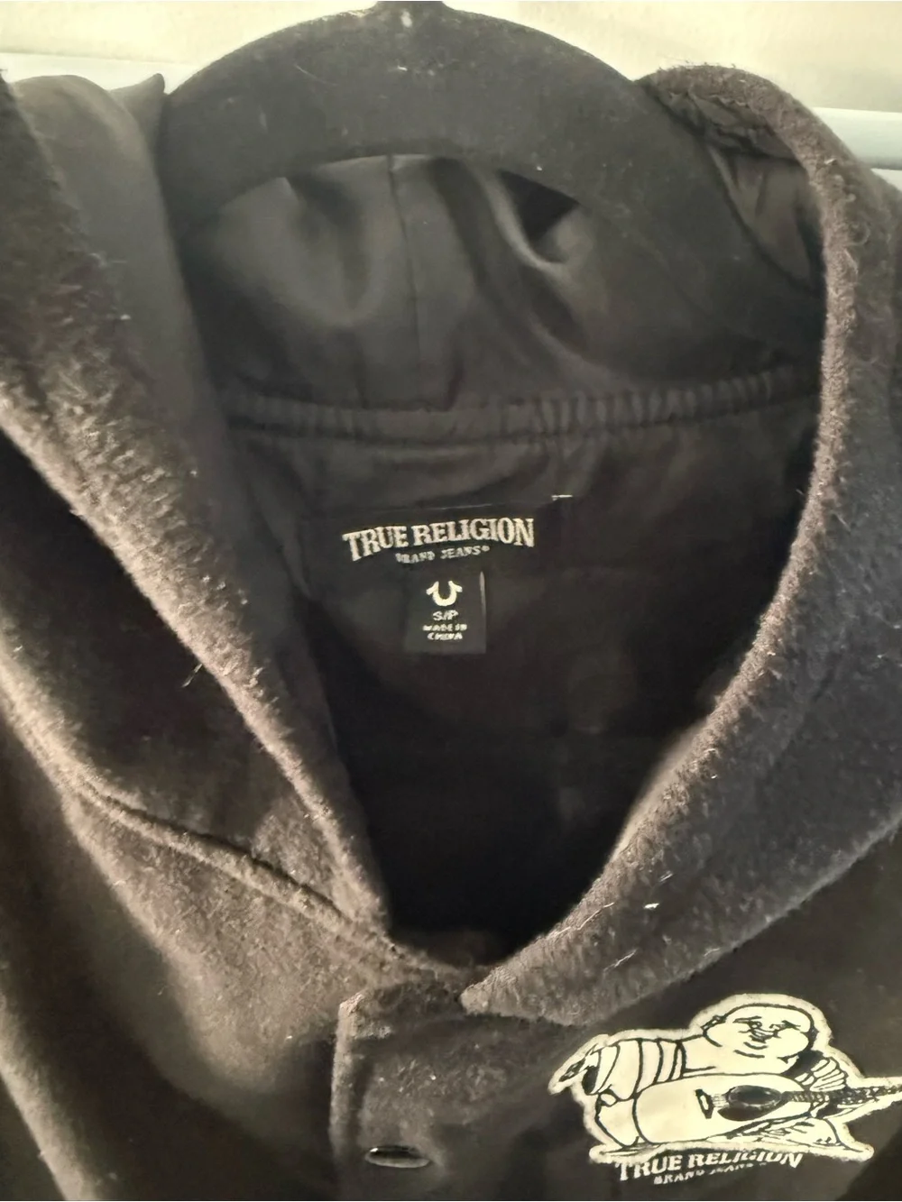 True Religion Black Hooded Button-Up Jacket with White Logo